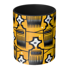 center view of an african pattern coffee mug with combs design
