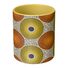 center view yellow orange african pattern coffee mug