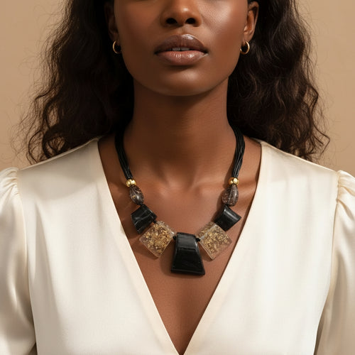 Oversized Chunky Resin Necklace Black Gold Speckles