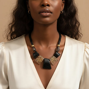 Oversized Chunky Resin Necklace Black Gold Speckles