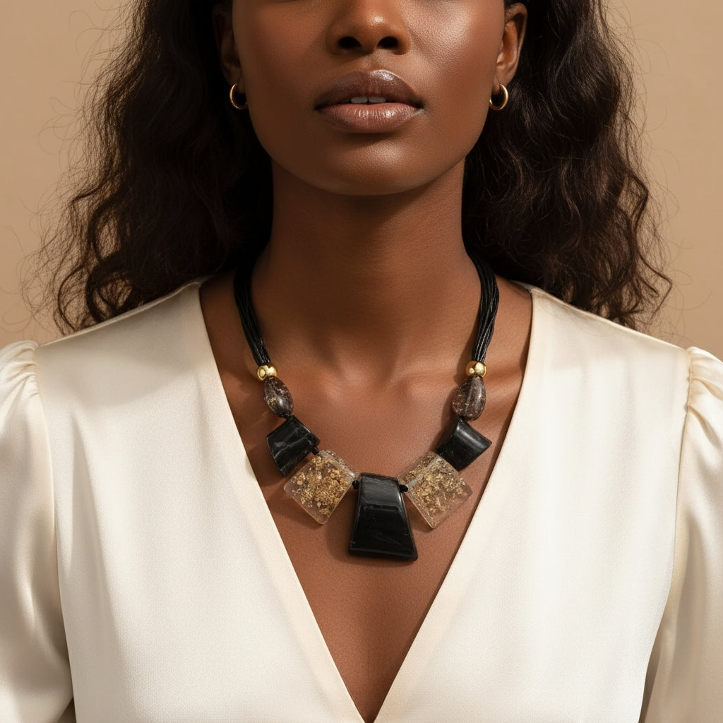 Oversized Chunky Resin Necklace Black Gold Speckles