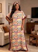 Colorful Abstract Vibes Silky Kaftan Dress With Belt/Scarf