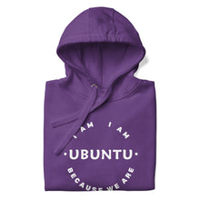 Purple hoodie with 'I AM UBUNTU' text on a white background
