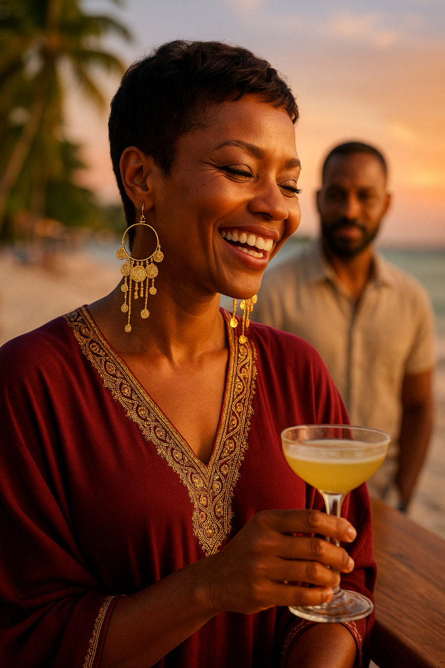 Woman wearing statement dangle earrings holding a cocktail on a beach with a man in the background