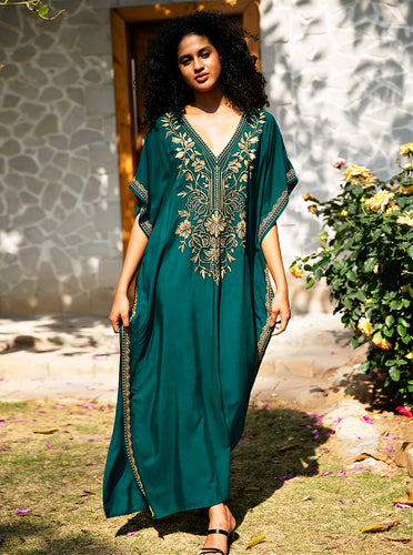 Moroccan Jewel Blue Green V Neck Embroidered Kaftan