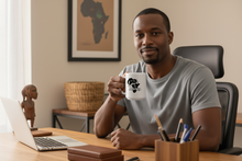 Man sitting at a desk with a laptop, holding an Africa mug, in a home office setting.