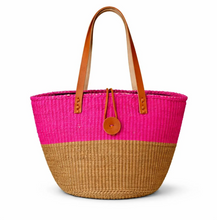Woven bag with pink top and brown bottom on a white background