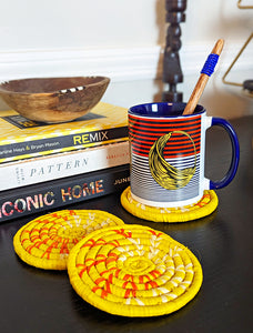 Yellow Woven Coasters + Blue Bead Wood Spoon Set