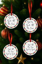 Four circular Christmas ornaments with 'God is Good All the Time' text on a decorated tree.