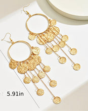 gold hoop earrings with long dangling coins