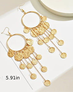 gold hoop earrings with long dangling coins