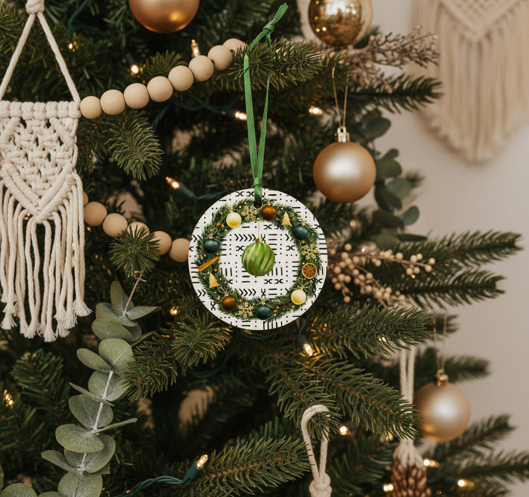 Decorative bohemian Christmas ornament with a wreath design tree.