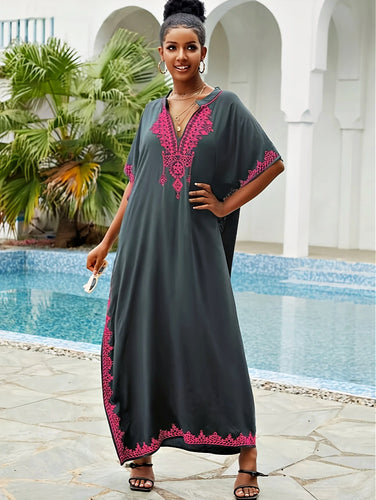 Kashah Culture Charcoal Fuchsia Embroidered Kaftan Dress