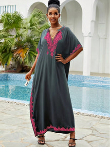 Kashah Culture Charcoal Fuchsia Embroidered Kaftan Dress