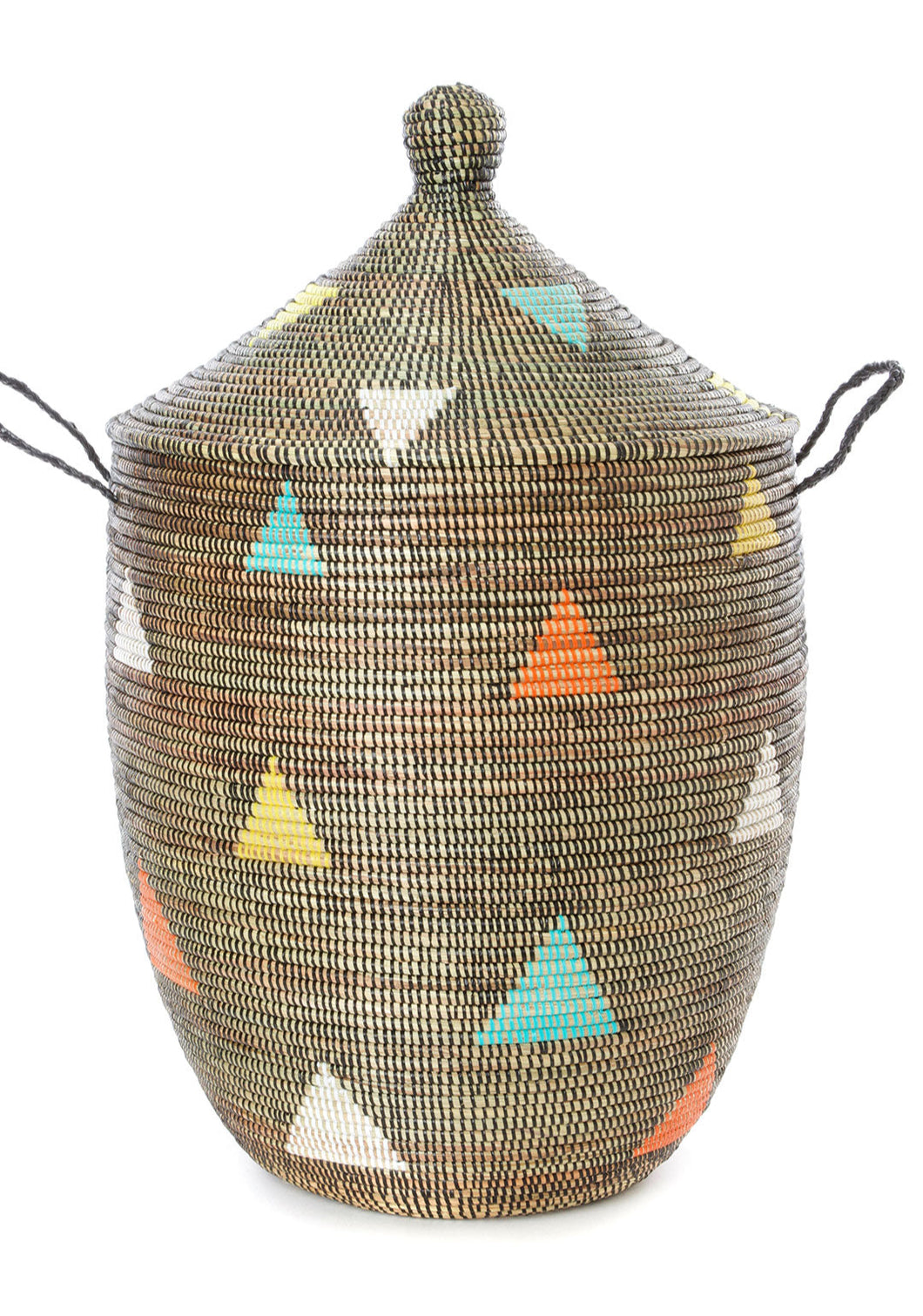 Woven basket with geometric patterns on a white background