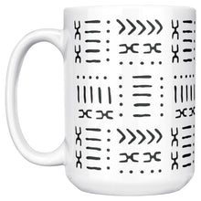 Tall white black coffee mug with African geometric pattern