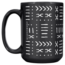 large black coffee mug with white african pattern inspired by mud cloth fabric