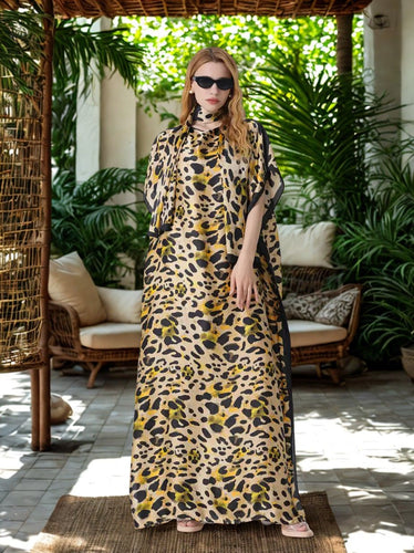 Golden Hour Leopard Pattern Kaftan Dress With Belt