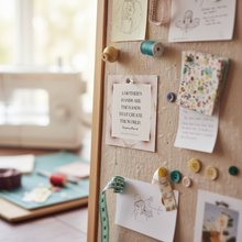 Beech wood notice board with various notes, drawings, and decorative items on a blurred background.
