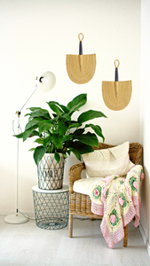 Natural Woven Fan Black Leather Handle
