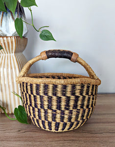Navy Blue Woven Market Basket Leather Handle