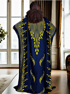 Silky Navy Blue Yellow Kaftan Dress