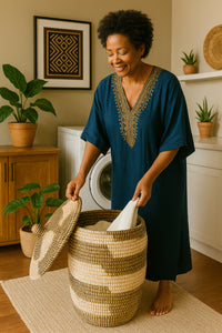 Black White Woven Laundry Basket With Lid African Hamper