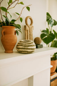 Olive Green Striped Felt Wool Bowl Basket