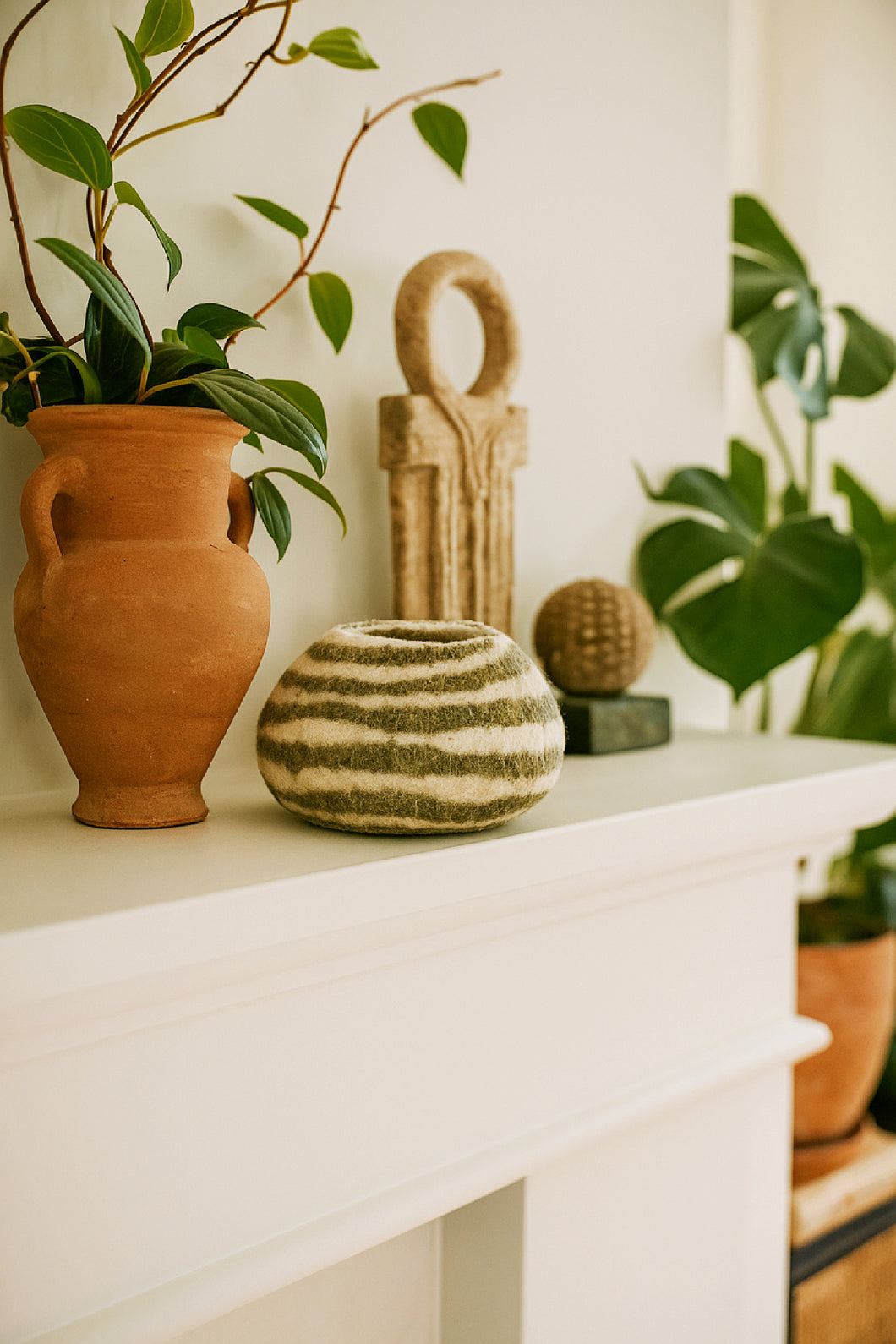 Olive Green Striped Felt Wool Bowl Basket