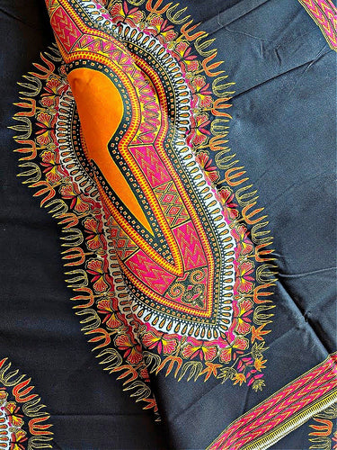 Black Orange African Print Fabric Dashiki Design 2 Yards