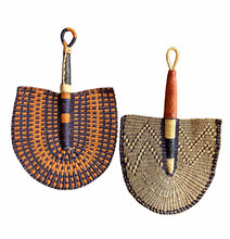 Beachy Navy Blue Orange Woven African Hand Fans Set of 2