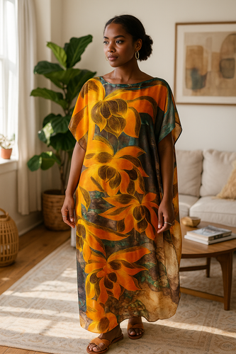 Woman wearing a floral dress in a living room setting