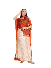 Woman wearing an orange and white traditional outfit on a white background