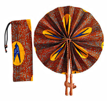 Orange African Fabric Folding Hand Fan With Carrying Pouch