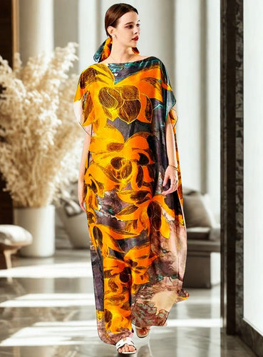Orange Floral Silky Kaftan Dress
