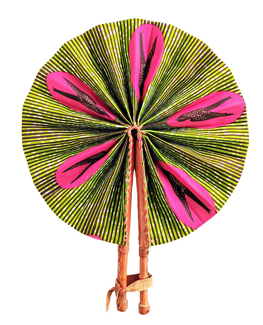 Pink Green Bird Ankara Fabric Folding Hand Fan