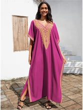 Moroccan Fuchsia V Neck Embroidered Kaftan