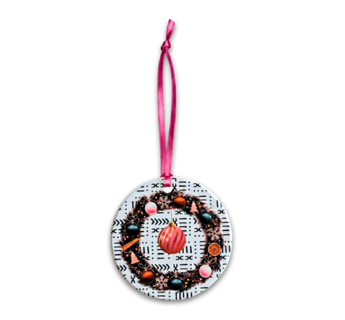 Decorative ornament with a pink ribbon on a white background