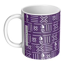 left angle ceramic coffee mug with purple and white african pattern