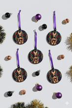 Decorative Christmas ornaments with colorful designs on a white background