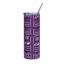 Purple tumbler with white African pattern and metal straw on a white background