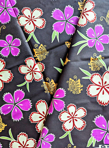 Black Purple Floral African Print Fabric 1.75 Yards