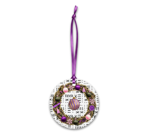Decorative ornament with a wreath design and purple ribbon on a white background