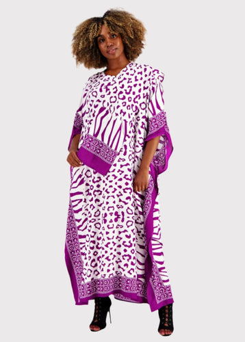 Long Boho Kaftan Purple White Animal Print