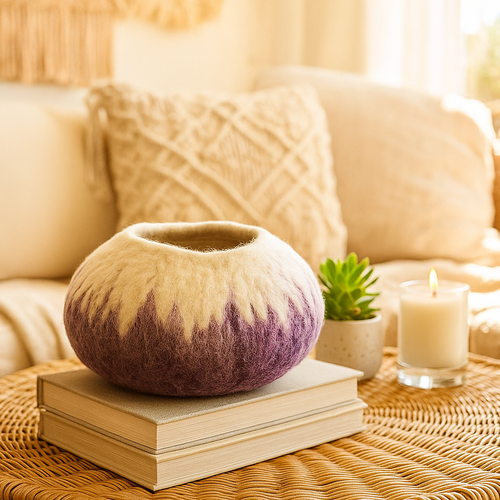 Decorative wool bowl on books with a candle and plant on a wicker table