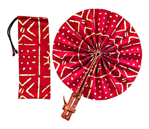 Red Ankara Fabric Folding Fan With Carrying Case