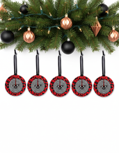 Set of five decorative Christmas ornaments with a white background