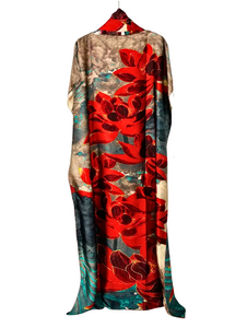 Long kaftan dress with red floral pattern on a white background