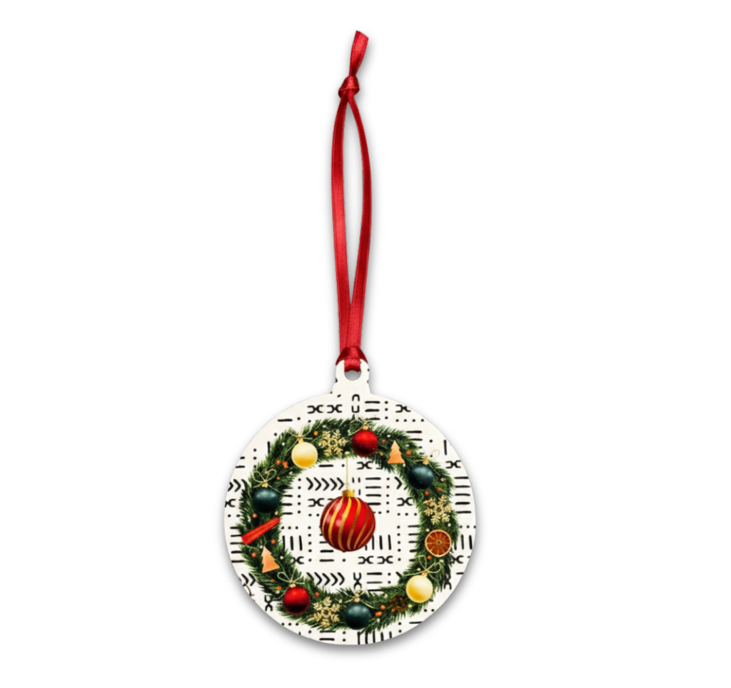 Decorative Christmas ornament with a wreath design on a white background