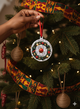 African design christmas ornament hung on a tree.